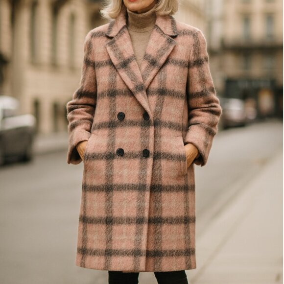 LOFT Wool Blend Coat Pink Gray Plaid Double Breasted Long Winter Overcoat XLT - Picture 1 of 10